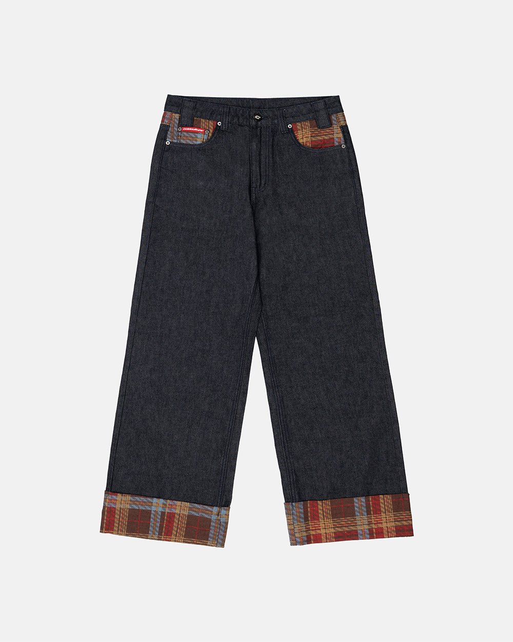 RAINY TARTAN V3 PANTS - navy denim pants with tartan cuffs, front view - Cold Culture #packshot