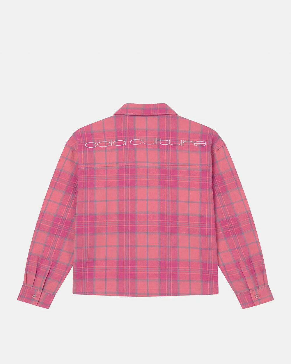 RAKE SHIRT PINK - pink plaid long sleeve shirt, back view - Cold Culture #packshot