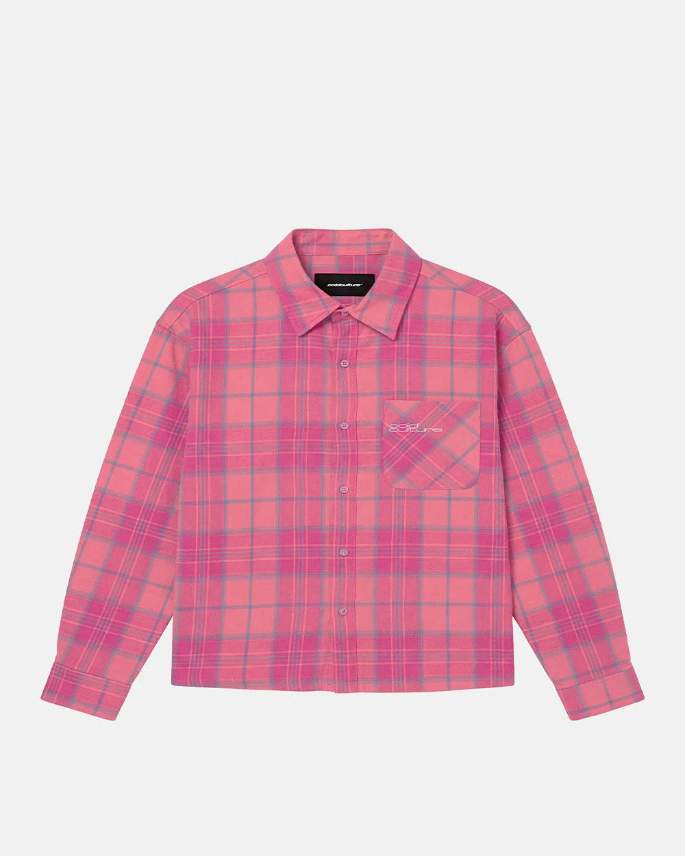 RAKE SHIRT PINK - pink plaid long sleeve shirt, front view - Cold Culture #packshot