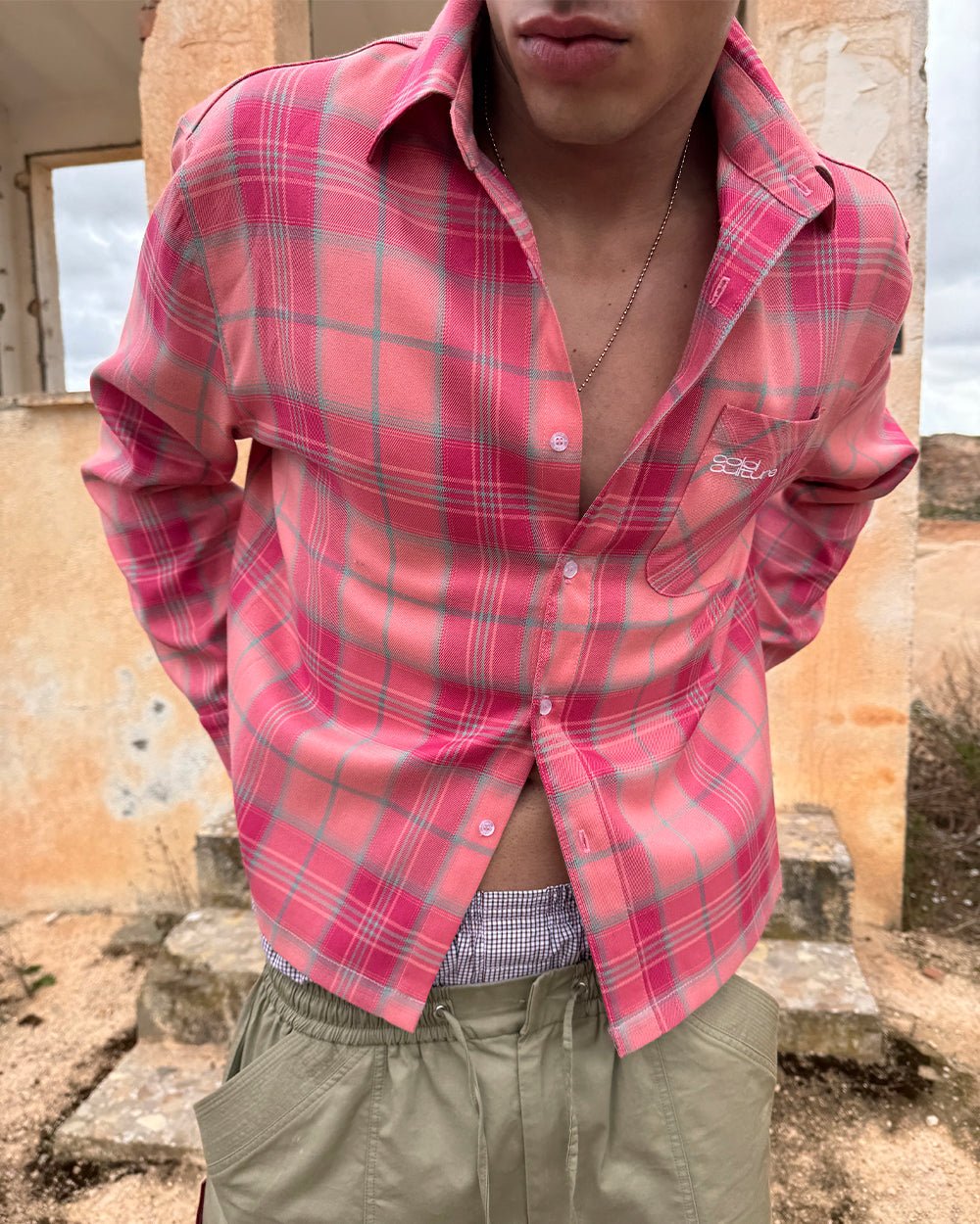 RAKE SHIRT PINK - pink plaid long sleeve shirt, worn detail - Cold Culture