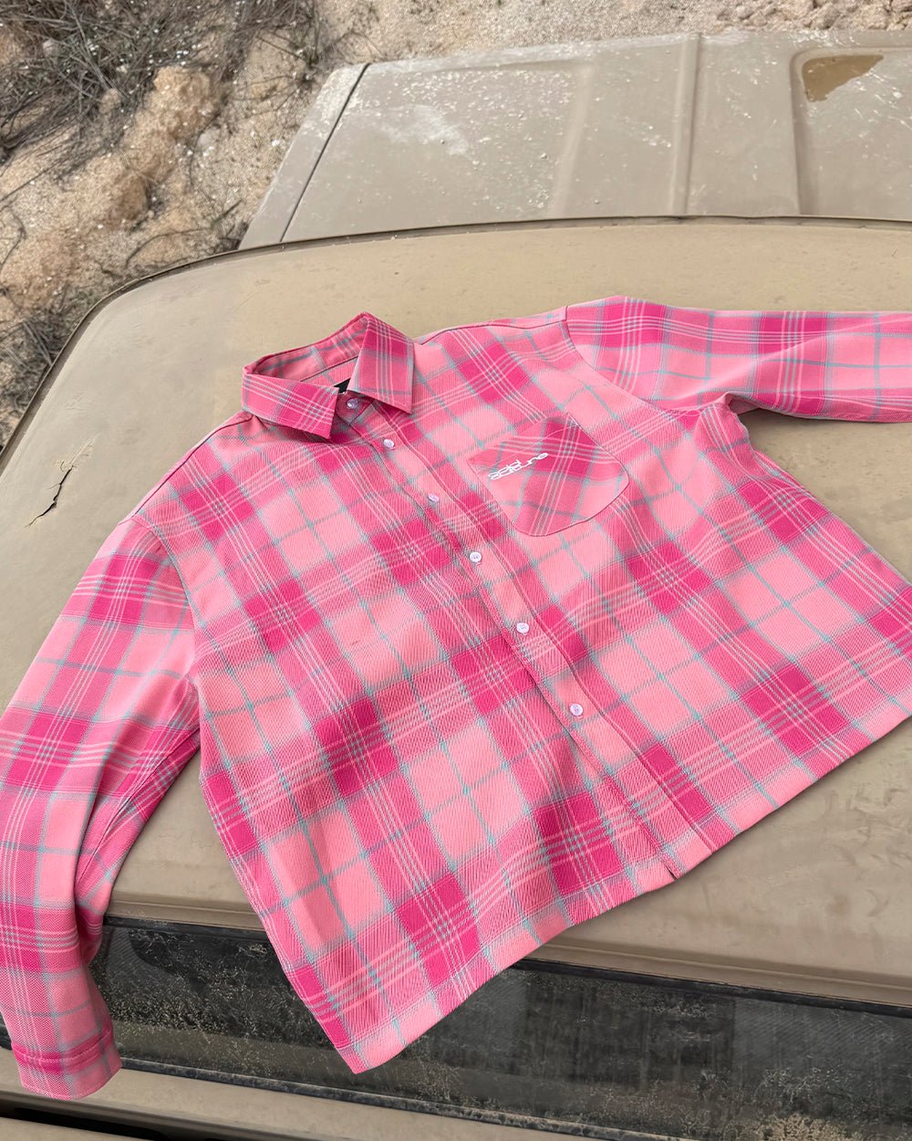RAKE SHIRT PINK - pink plaid long sleeve shirt, flat lay - Cold Culture