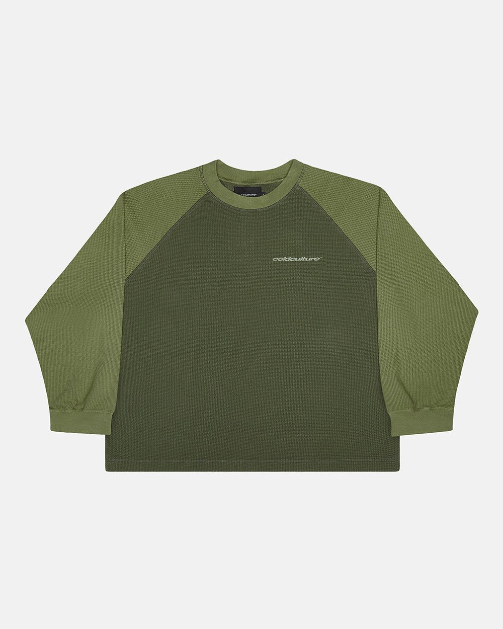 RANGLAN BICOLOR THERMAL LONGSLEEVE GREEN - green bicolor longsleeve tee, front view - Cold Culture #packshot