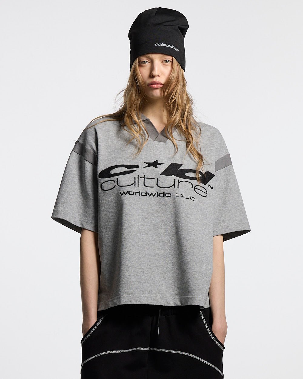 RAW CITY POLO GREY - heather grey polo shirt, front view on female model - Cold Culture #woman