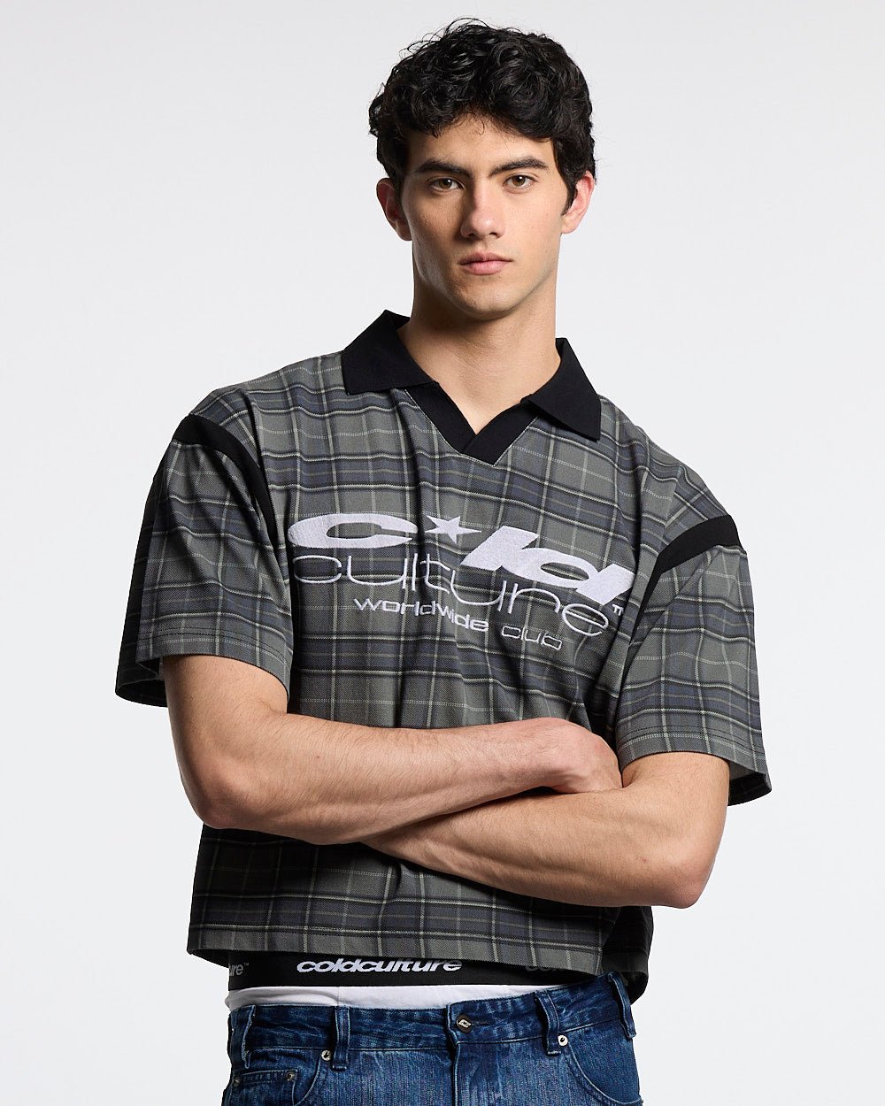 RAW CITY POLO TARTAN - grey tartan polo shirt, front view on male model - Cold Culture #man