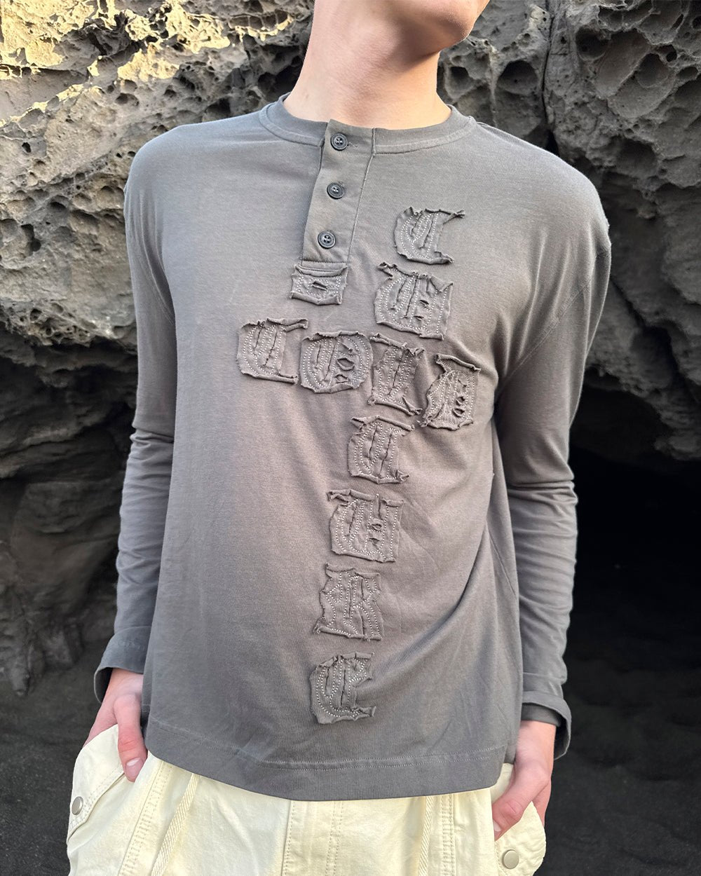 RAW STATE LONGSLEEVE GREY - grey henley longsleeve tee, on model close-up - Cold Culture