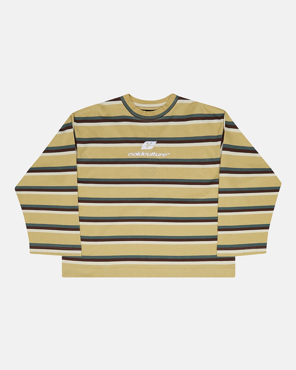 RAY CURVED LONGSLEEVE YELLOW & BROWN - yellow striped longsleeve tee, front view - Cold Culture #packshot