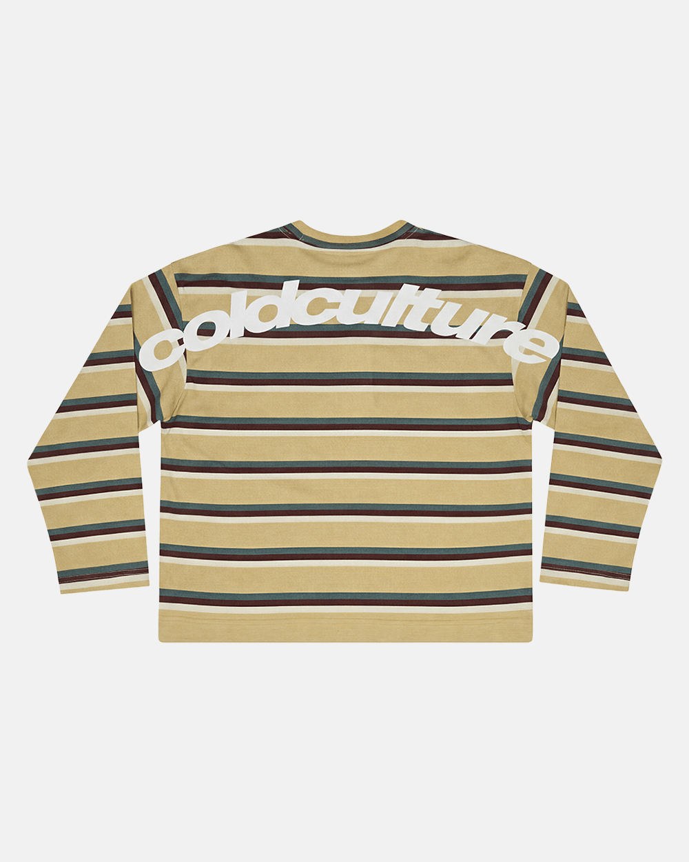 RAY CURVED LONGSLEEVE YELLOW & BROWN - yellow striped longsleeve tee, back view - Cold Culture #packshot