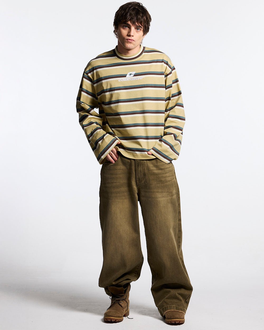RAY CURVED LONGSLEEVE YELLOW & BROWN - yellow striped longsleeve tee, front view on male model - Cold Culture #man