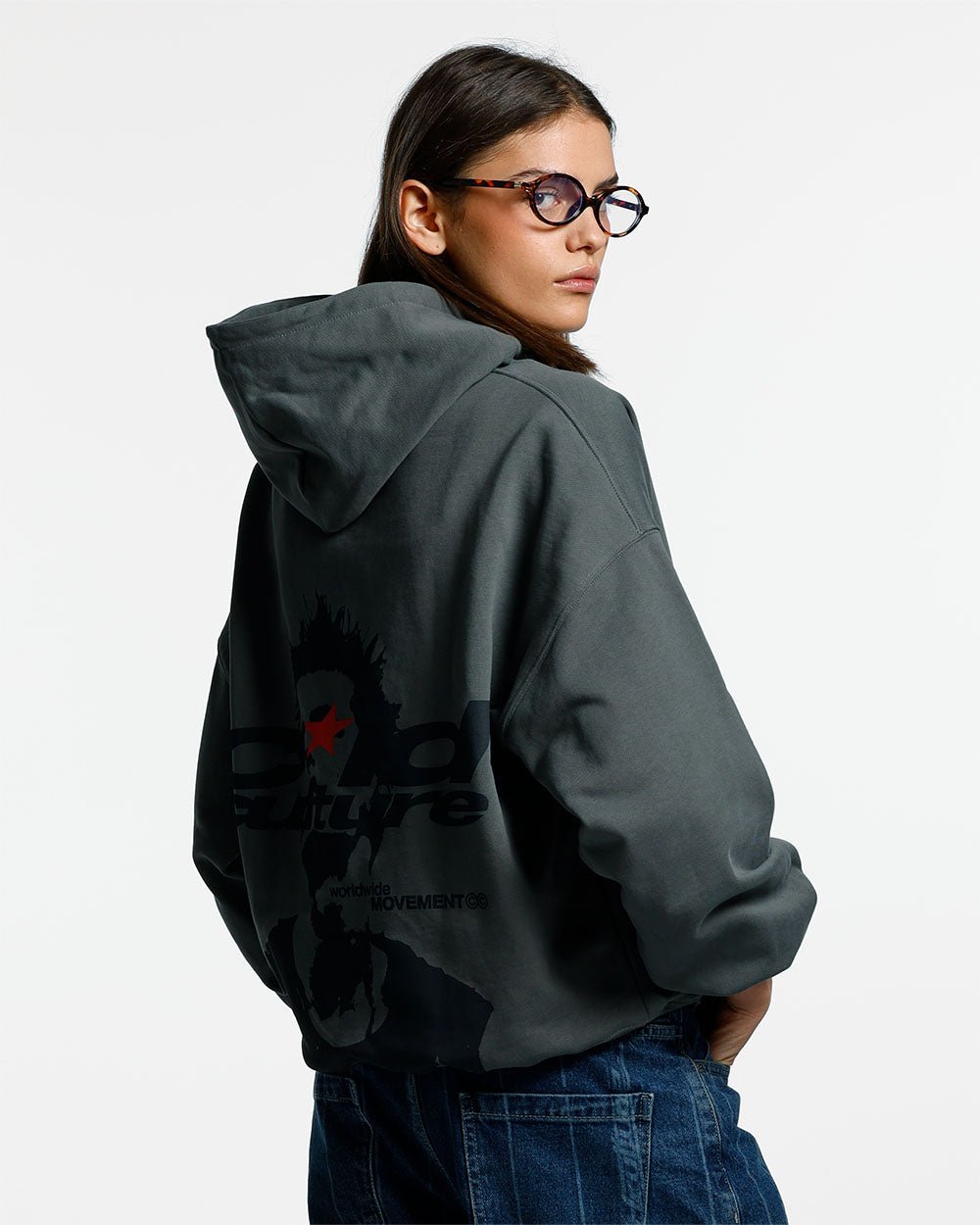 REBEL HOODIE GREY - charcoal grey graphic print hoodie, back view on female model - Cold Culture #woman