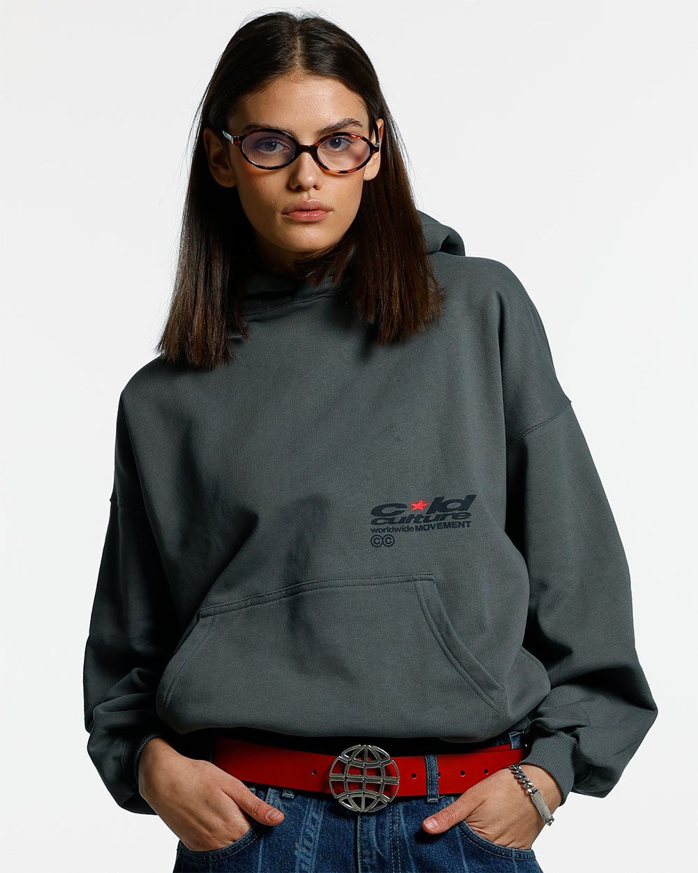 REBEL HOODIE GREY - charcoal grey graphic print hoodie, front view on female model - Cold Culture #woman