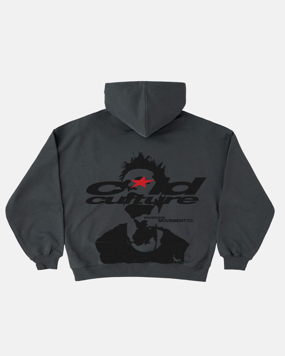 REBEL HOODIE GREY - charcoal grey graphic print hoodie, back view - Cold Culture #packshot