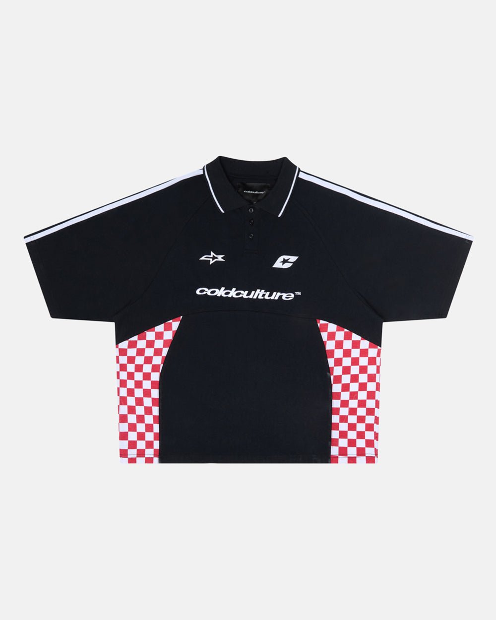 RED CHESS POLO TSHIRT BLACK - black checkered polo shirt, front view - Cold Culture #packshot