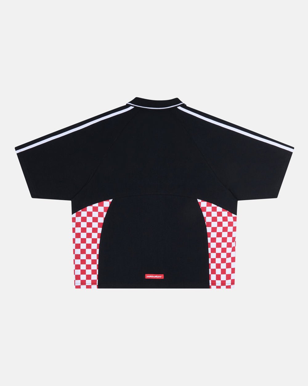 RED CHESS POLO TSHIRT BLACK - black checkered polo shirt, back view - Cold Culture #packshot