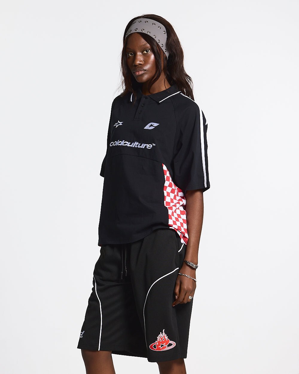 RED CHESS POLO TSHIRT BLACK - black checkered polo shirt, front view on female model - Cold Culture #woman