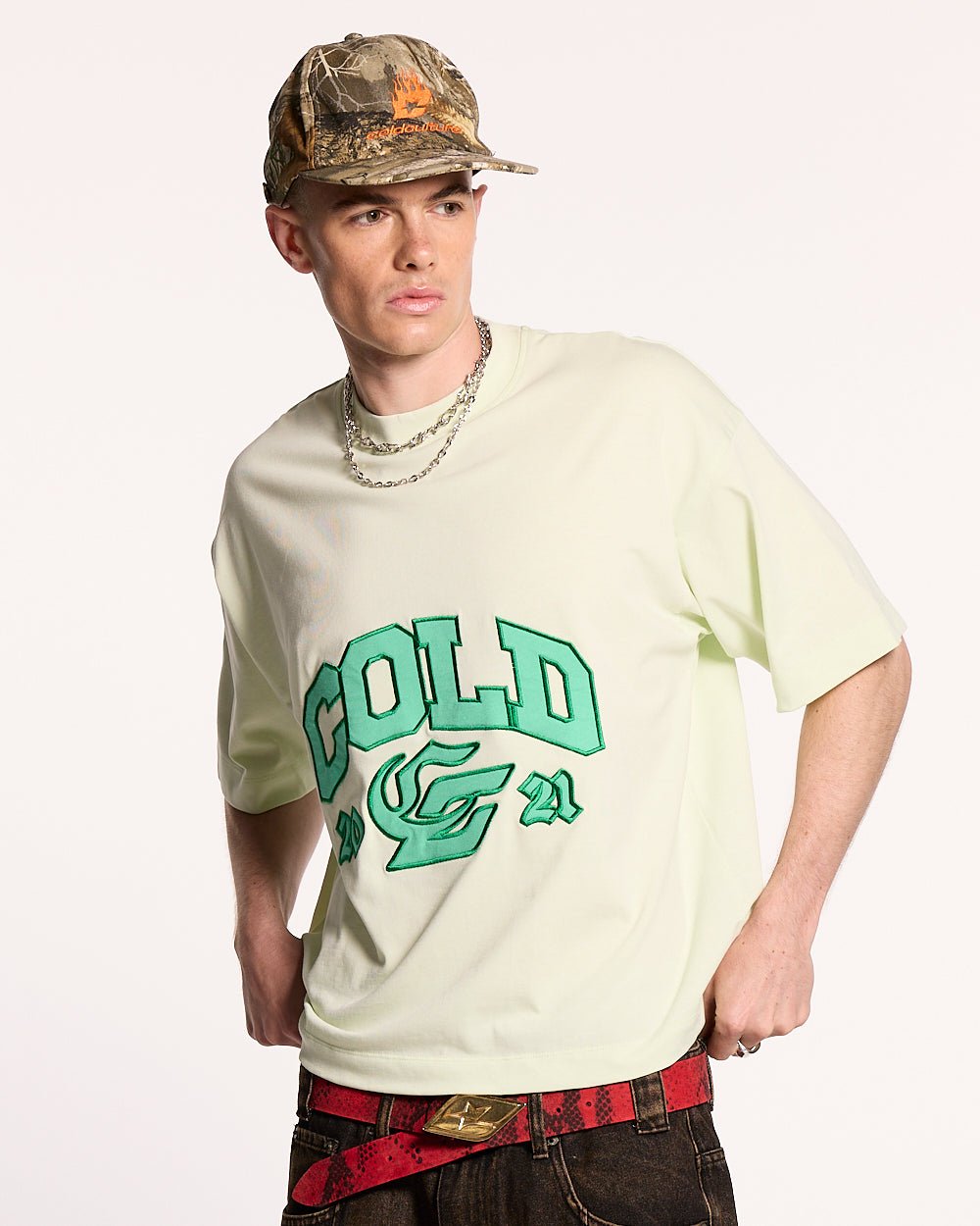 RELENTLESS TEE LIME - lime graphic print tee, front view on male model - Cold Culture #man
