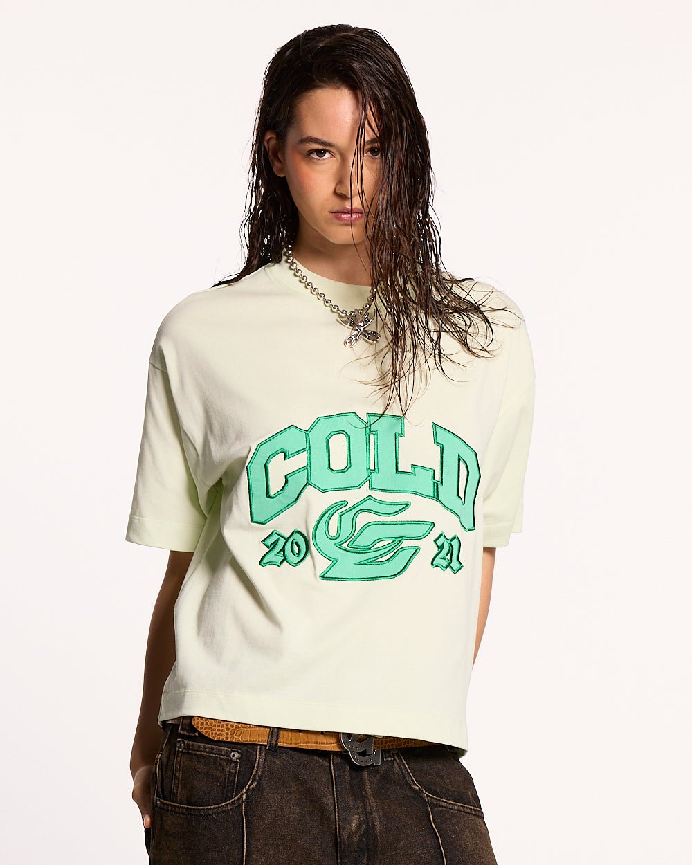 RELENTLESS TEE LIME - lime graphic print tee, front view on female model - Cold Culture #woman