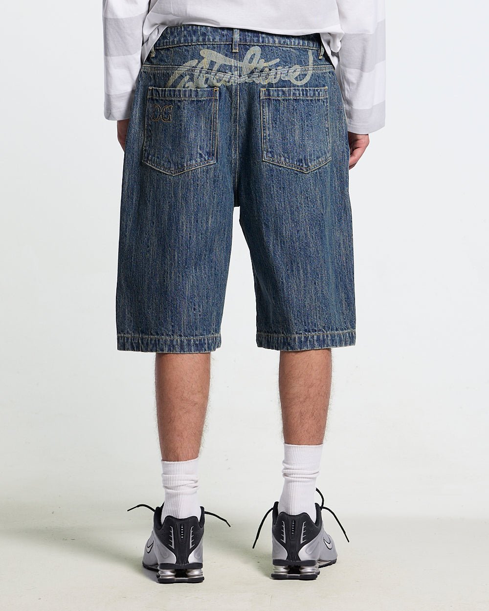 RELIC SHORTS DARK BLUE - washed blue denim shorts, back view on male model - Cold Culture