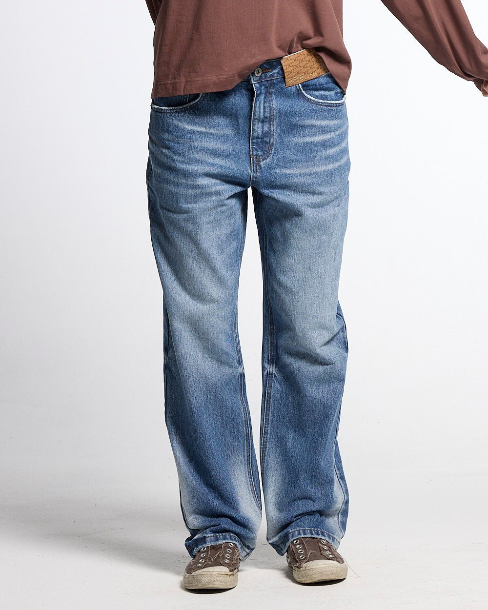 REVERSED V1 REGULAR PANTS MEDIUM DENIM - medium blue denim pants, front view on female model - Cold Culture