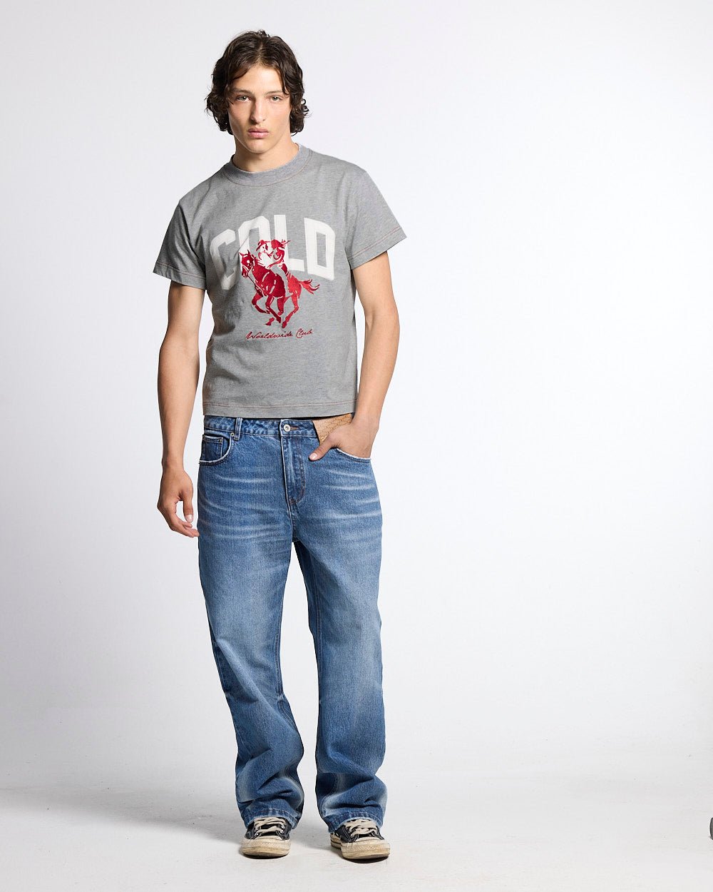 REVERSED V1 REGULAR PANTS MEDIUM DENIM - medium blue denim pants, front view on male model - Cold Culture #man