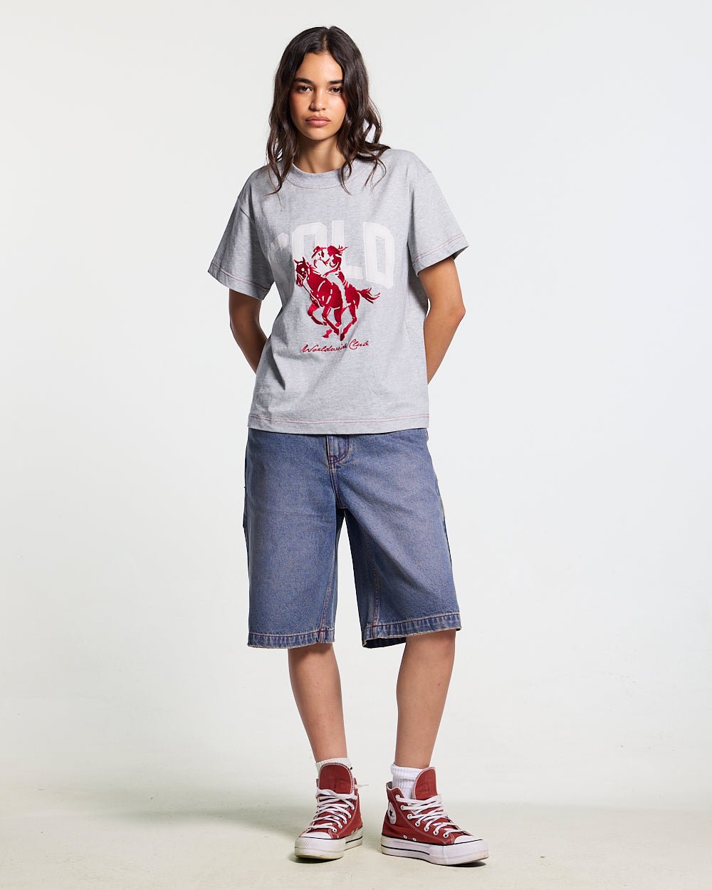 REVIVAL V2 SHORTS MEDIUM DENIM - blue washed denim shorts, front view on female model - Cold Culture #woman