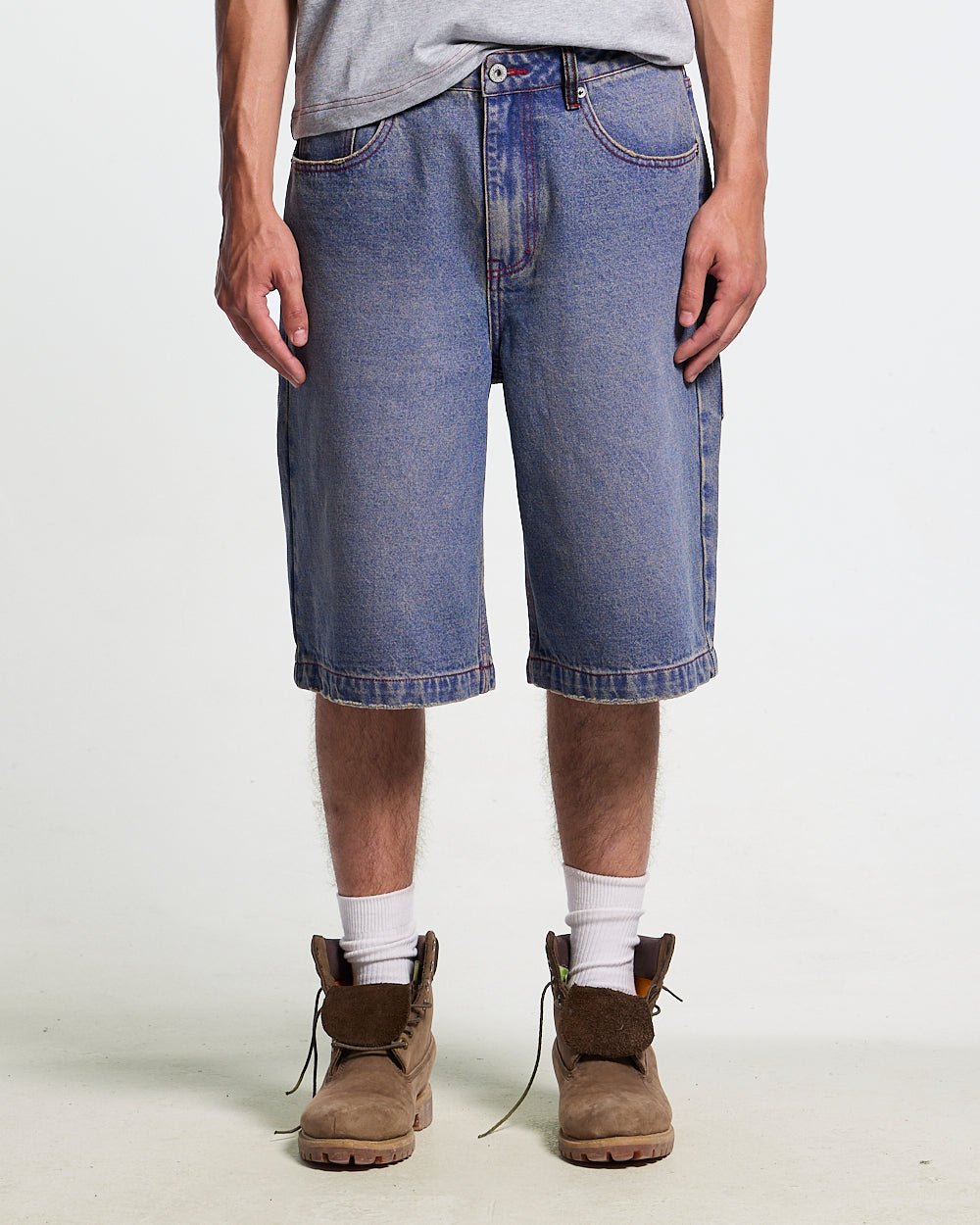 REVIVAL V2 SHORTS MEDIUM DENIM - blue washed denim shorts, front view on male model - Cold Culture