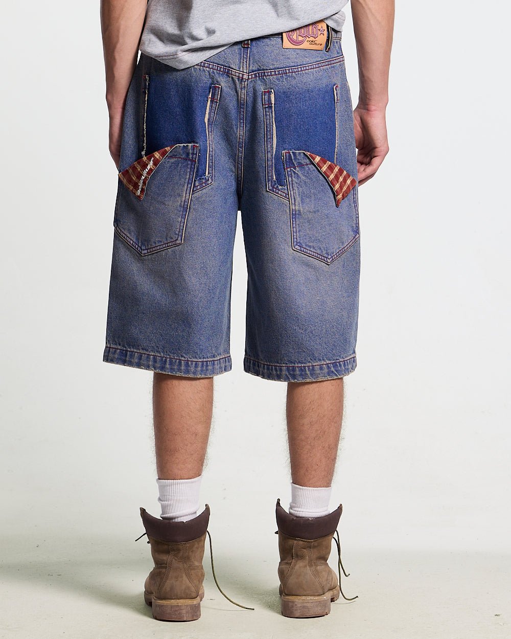 REVIVAL V2 SHORTS MEDIUM DENIM - blue washed denim shorts, back view on male model - Cold Culture