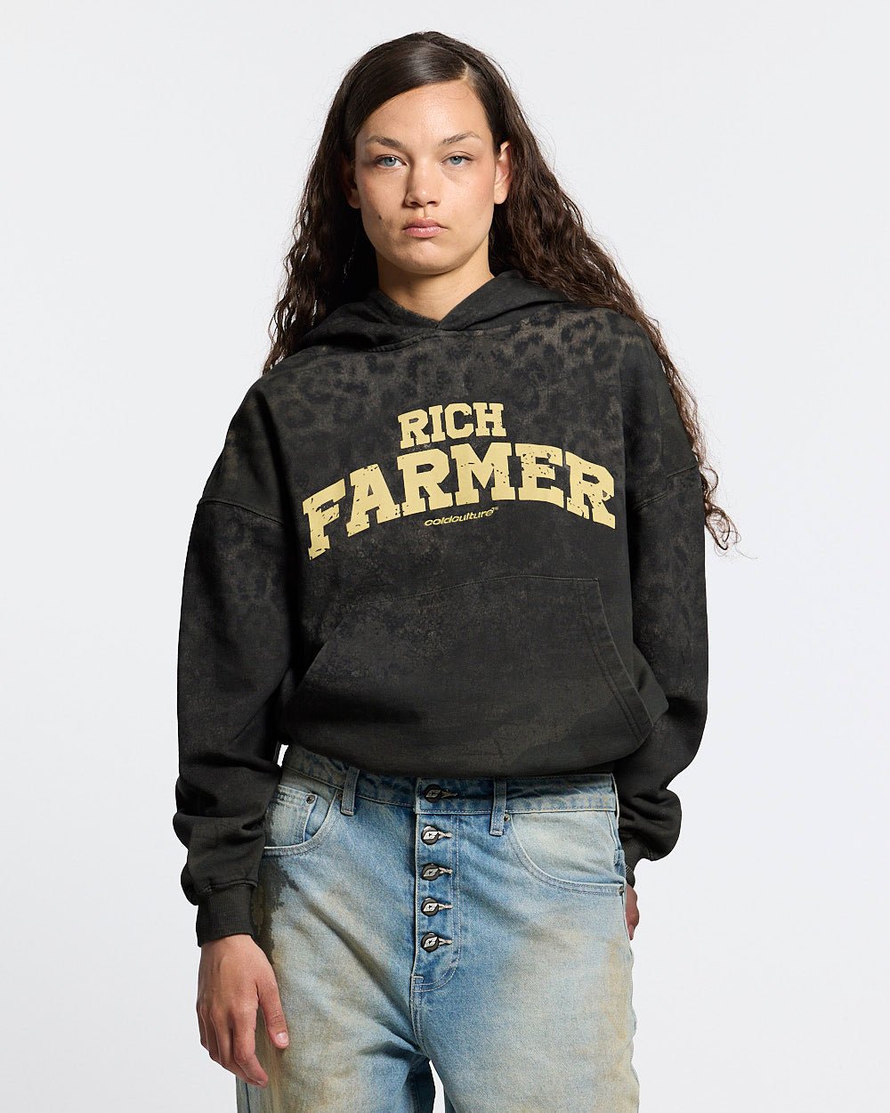 RICH FARMER HOODIE DARK GREY - dark grey leopard print hoodie, front view on female model - Cold Culture #woman