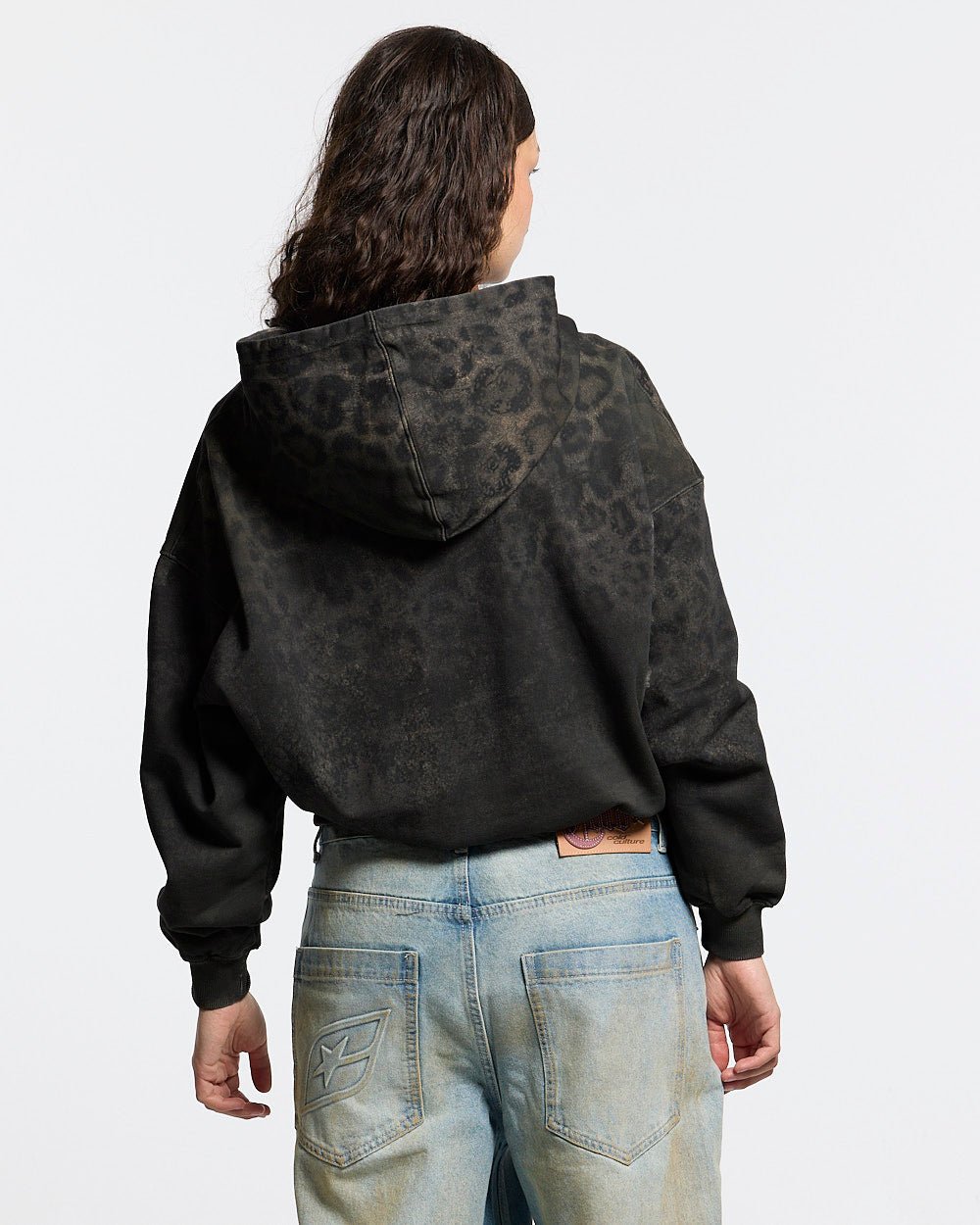 RICH FARMER HOODIE DARK GREY - dark grey leopard print hoodie, back view on female model - Cold Culture #woman