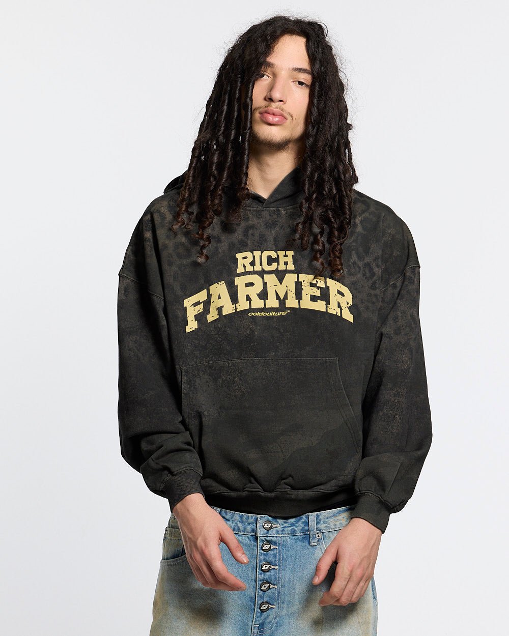 RICH FARMER HOODIE DARK GREY - dark grey leopard print hoodie, front view on male model - Cold Culture #man