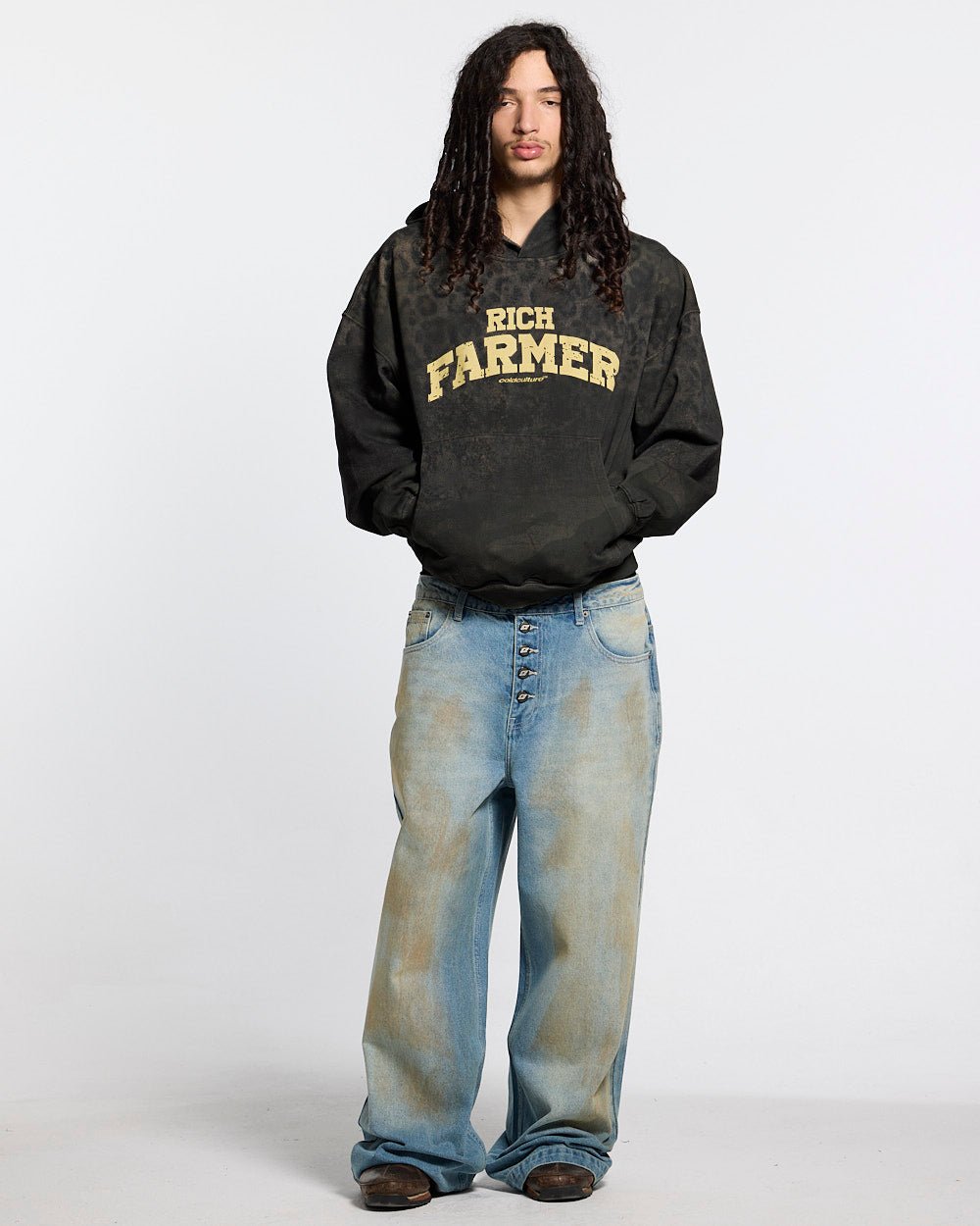 RICH FARMER HOODIE DARK GREY - dark grey leopard print hoodie, front view on male model - Cold Culture #man