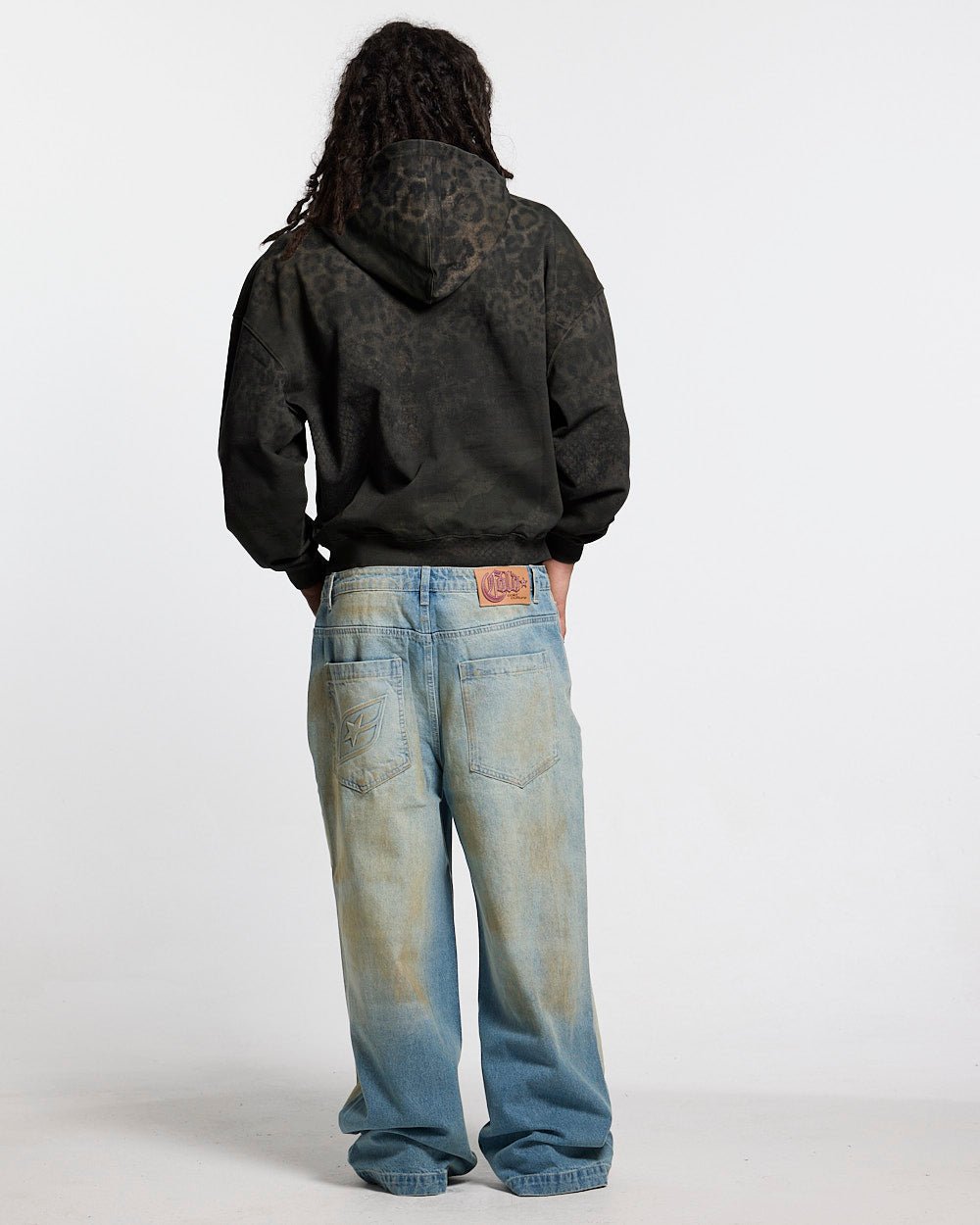 RICH FARMER HOODIE DARK GREY - dark grey leopard print hoodie, back view on male model - Cold Culture #man