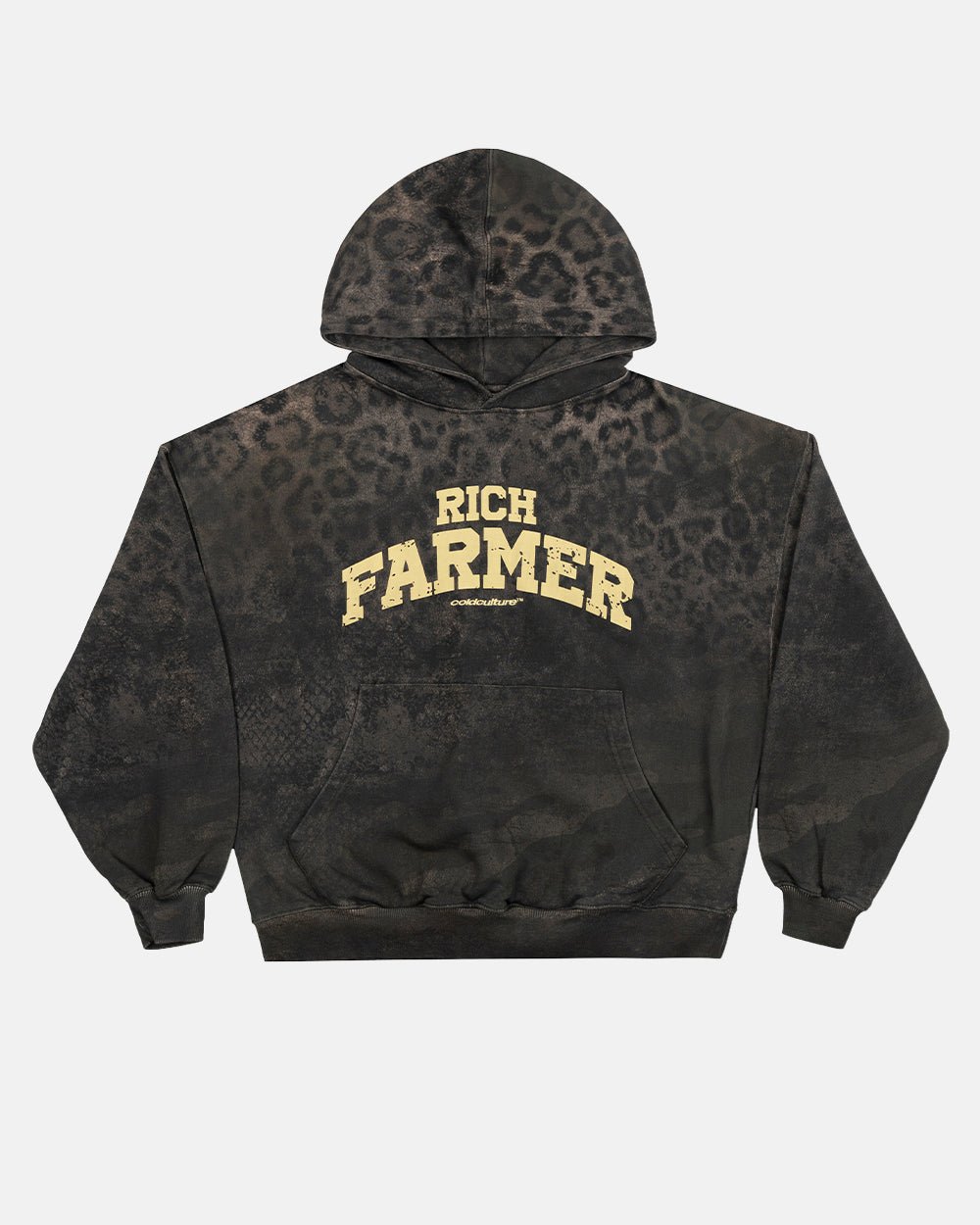 RICH FARMER HOODIE DARK GREY - dark grey leopard print hoodie, front view - Cold Culture #packshot