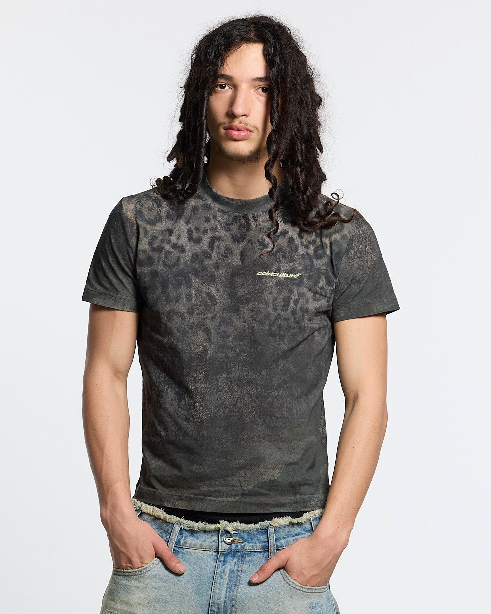 RICH FARMER TEE LEOPARD - washed leopard print tee, front view on male model - Cold Culture #man