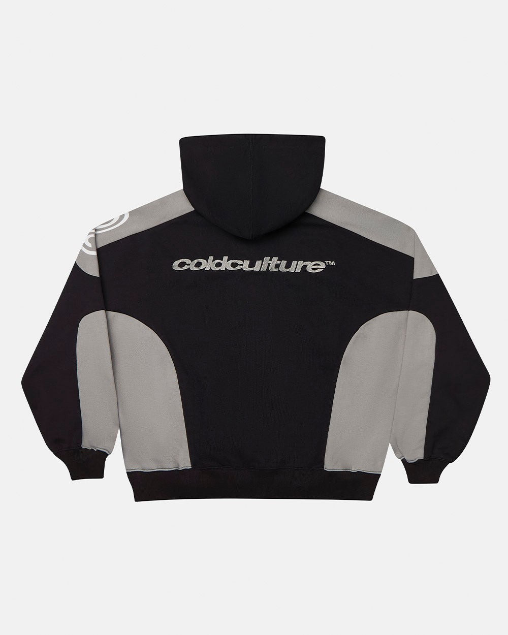 RIDER ZIP HOODIE BLACK & GREY - black and grey zip-up hoodie, back view - Cold Culture #packshot