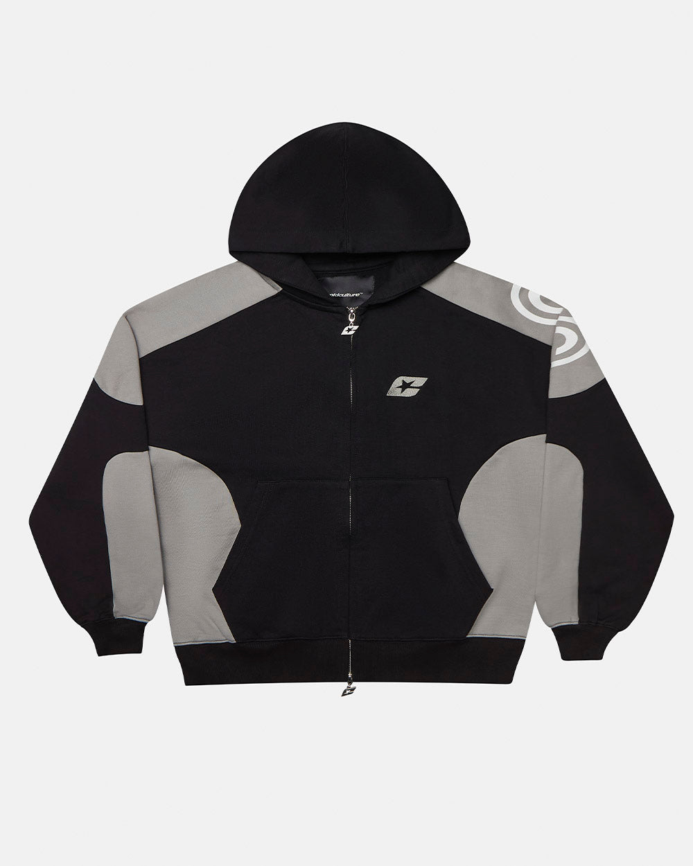 RIDER ZIP HOODIE BLACK & GREY - black and grey zip-up hoodie, front view - Cold Culture #packshot