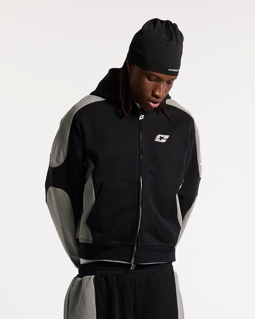 RIDER ZIP HOODIE BLACK & GREY - black and grey zip-up hoodie, front view on male model - Cold Culture #man