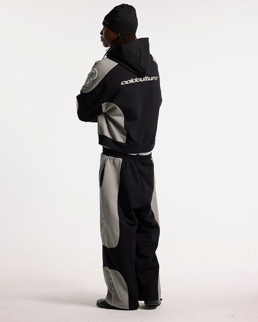 RIDER ZIP HOODIE BLACK & GREY - black and grey zip-up hoodie, side view - Cold Culture #man