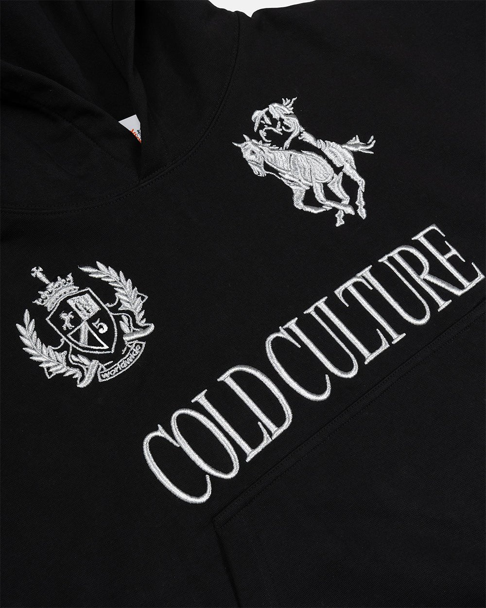 RIDING CLUB HOODIE BLACK - black embroidered hoodie, detail close-up - Cold Culture