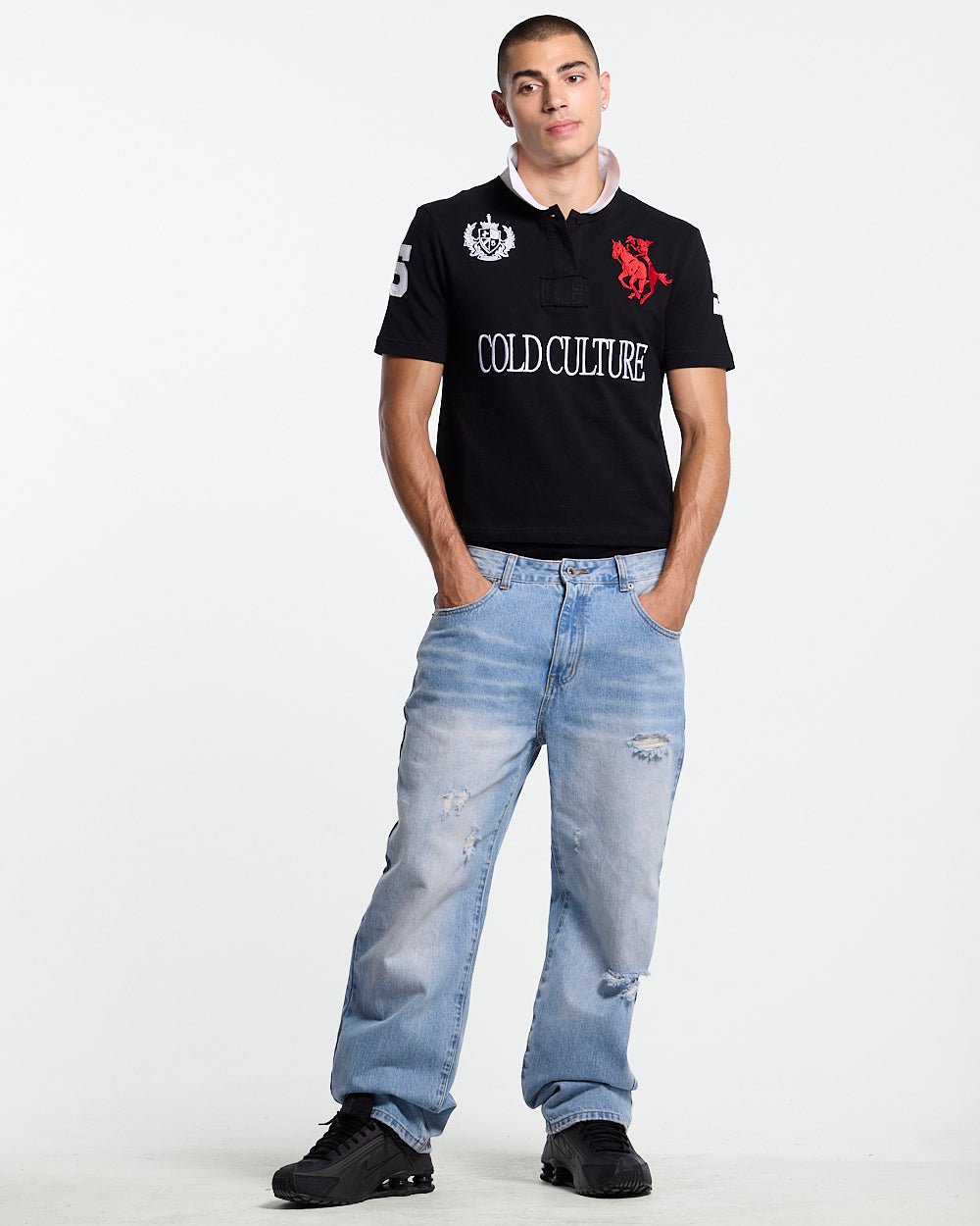 RIDING CLUB POLO BLACK - black embroidered polo shirt, front view on male model - Cold Culture #man
