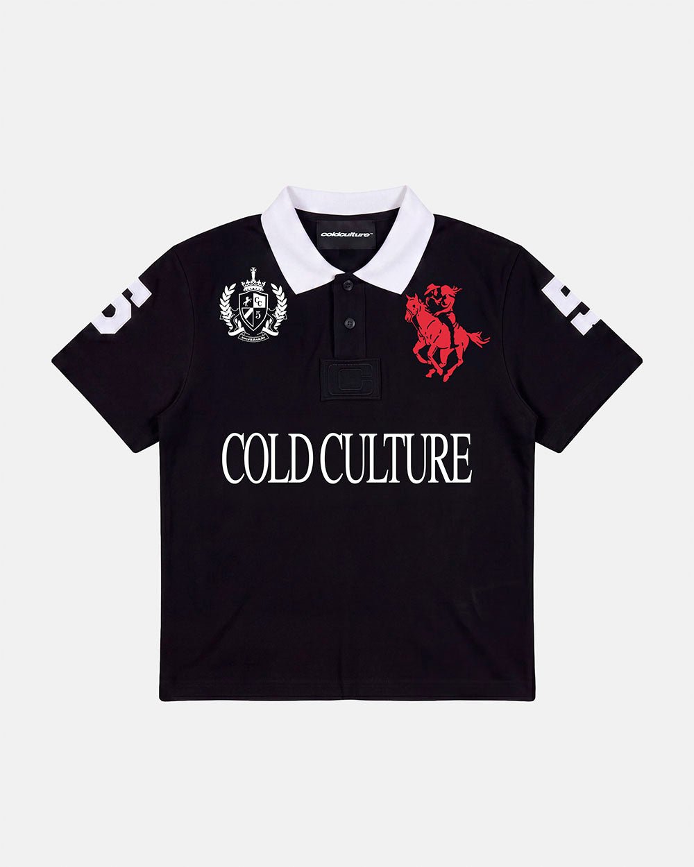 RIDING CLUB POLO BLACK - black embroidered polo shirt, front view - Cold Culture #packshot