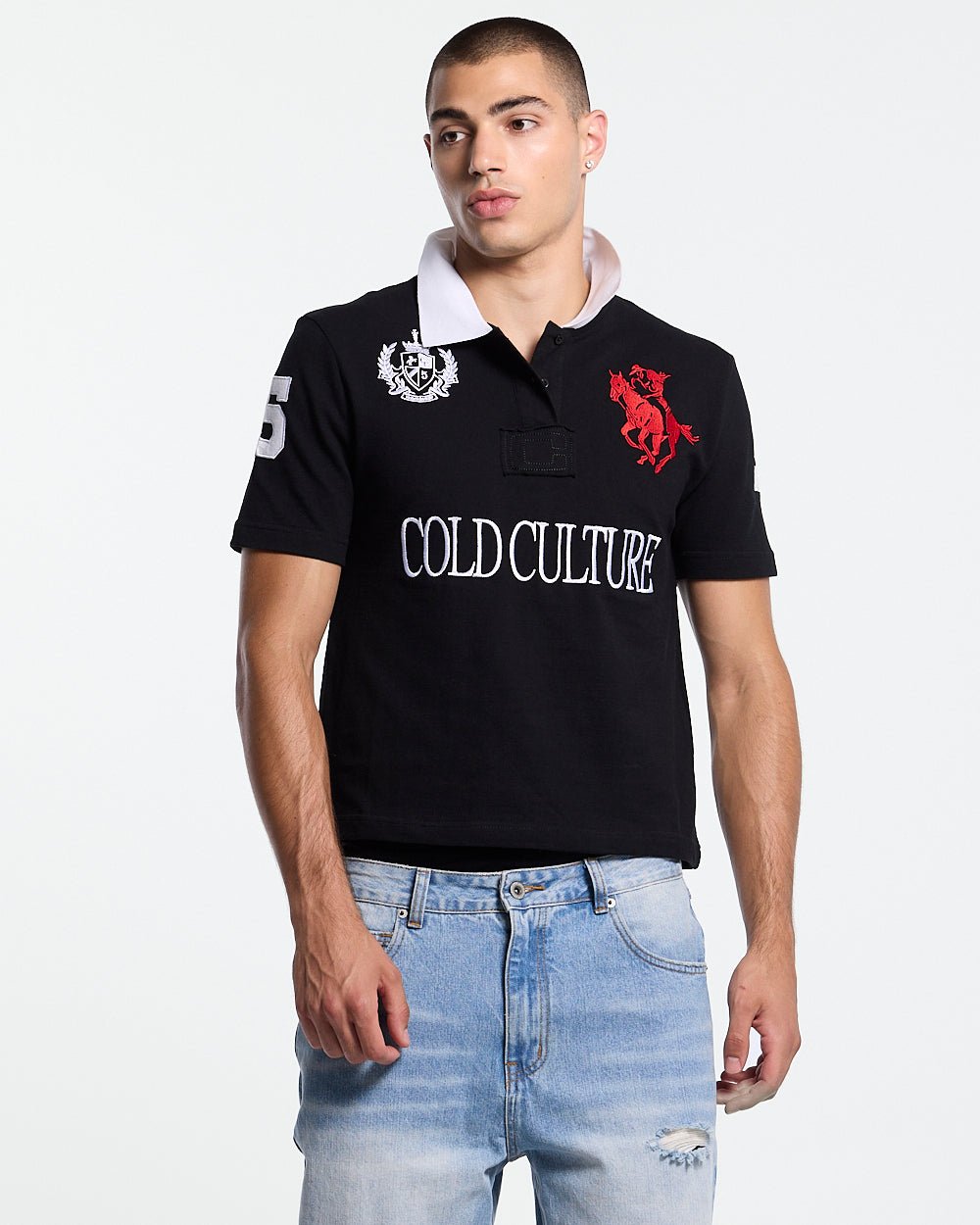 RIDING CLUB POLO BLACK - black embroidered polo shirt, front view on male model - Cold Culture #man