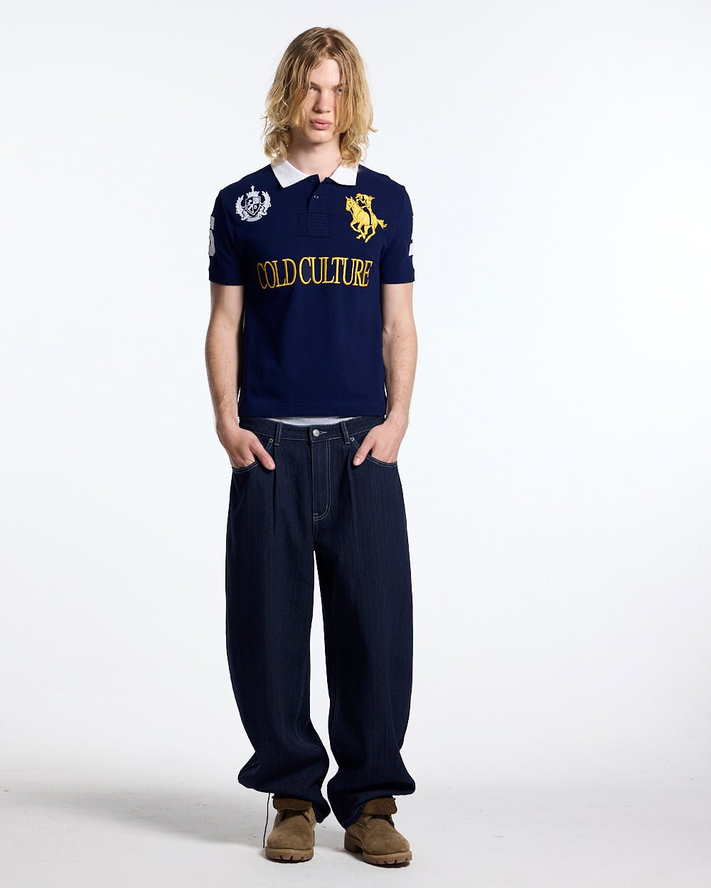 RIDING CLUB POLO NAVY - navy embroidered polo shirt, front view on male model - Cold Culture #man