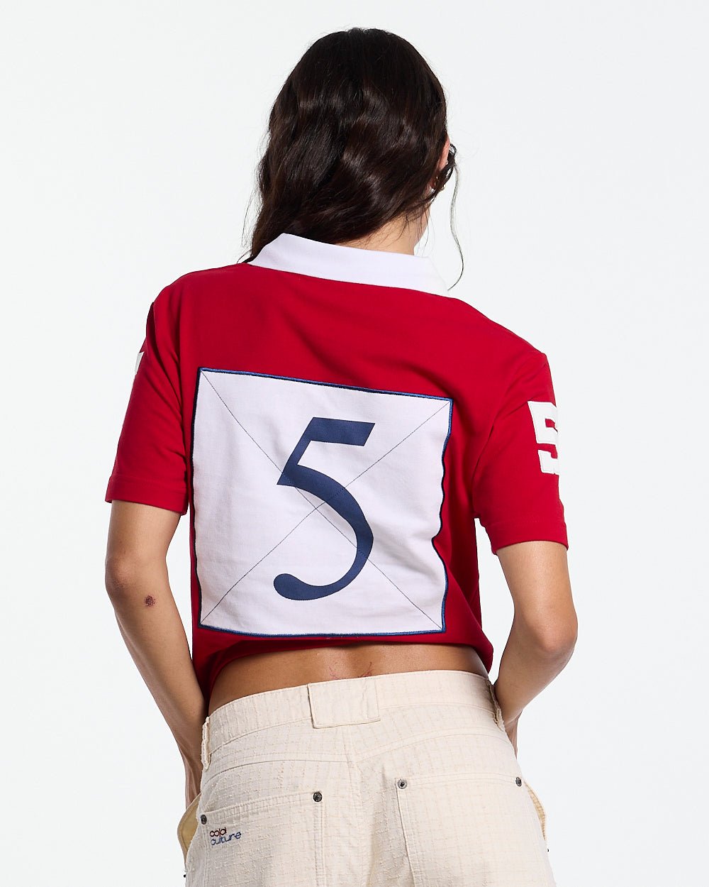 RIDING CLUB POLO RED - red embroidered polo shirt, back view on female model - Cold Culture #woman