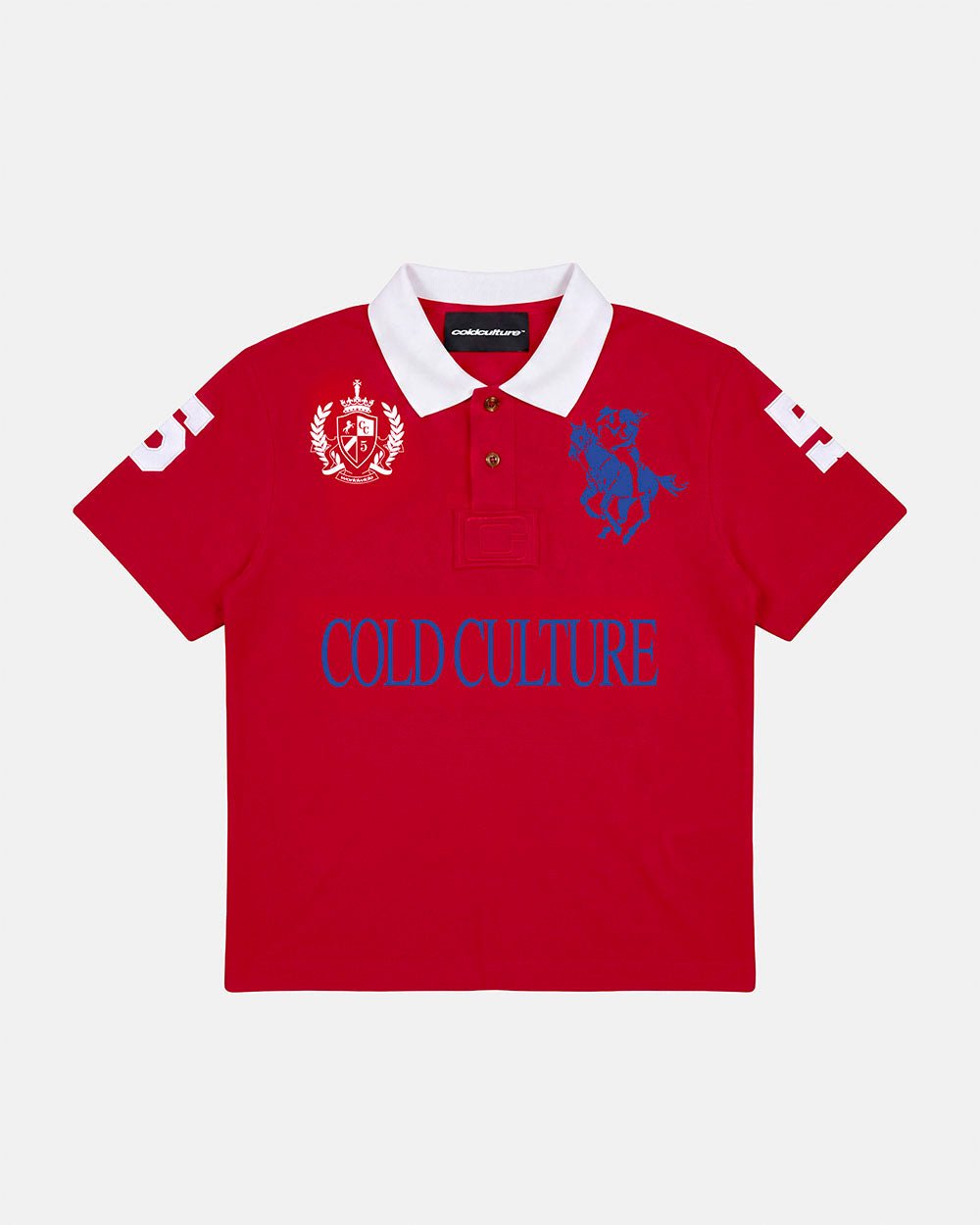 RIDING CLUB POLO RED - red embroidered polo shirt, front view - Cold Culture #packshot