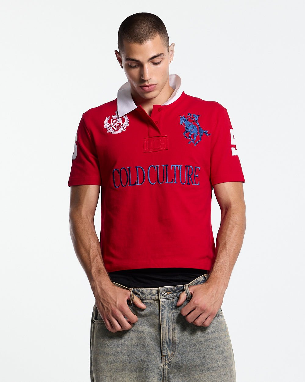 RIDING CLUB POLO RED - red embroidered polo shirt, front view on male model - Cold Culture #man