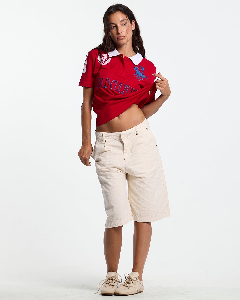 RIDING CLUB POLO RED - red embroidered polo shirt, front view on female model - Cold Culture #woman