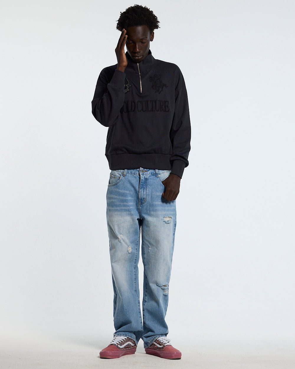 RIDING CLUB QUARTER ZIP DARK GREY - dark grey quarter zip sweater, front view on male model - Cold Culture #man