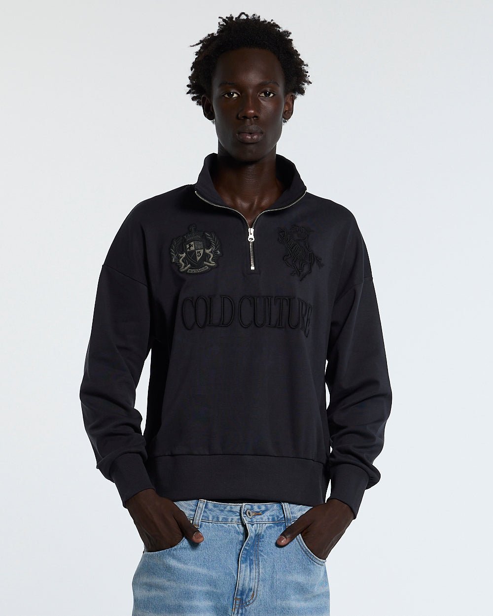 RIDING CLUB QUARTER ZIP DARK GREY - dark grey quarter zip sweater, front view on male model - Cold Culture #man