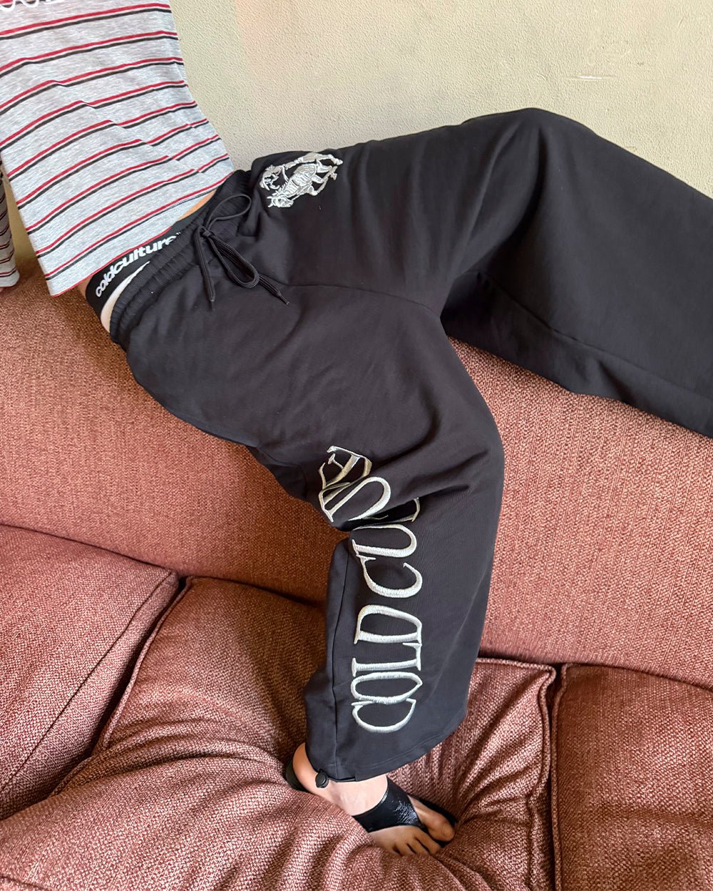RIDING CLUB SWEATPANTS BLACK - black embroidered sweatpants, worn detail - Cold Culture