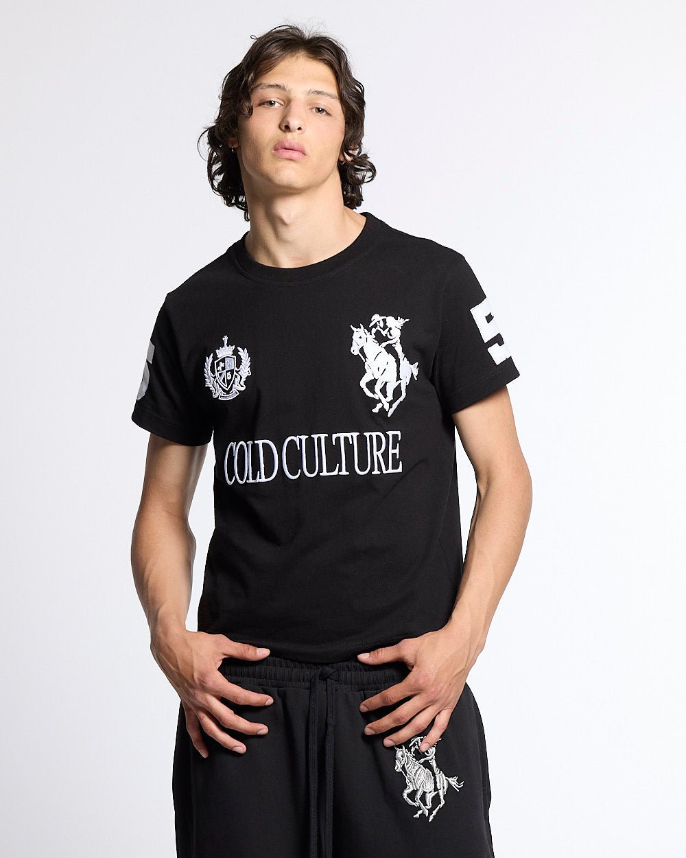RIDING CLUB TEE BLACK - black polo rider print tee, front view on male model - Cold Culture #man